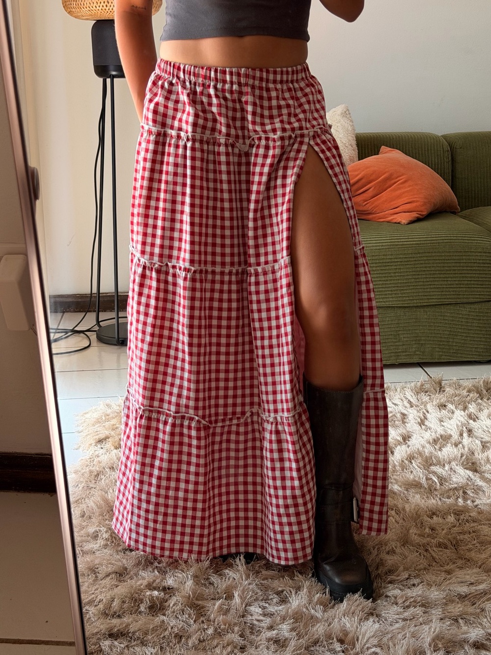 Edikted Red Gingham Tiered Maxi Skirt with High Side Slit